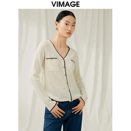 VIMAGE纬漫纪秋季新款100%绵羊毛v领短款撞色时尚通勤气质百搭针织开衫V1801421 商品图5