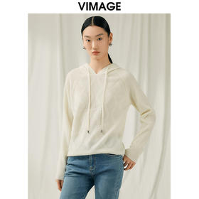 VIMAGE纬漫纪秋冬新款100%绵羊毛套头纯色连帽针织衫V1801424
