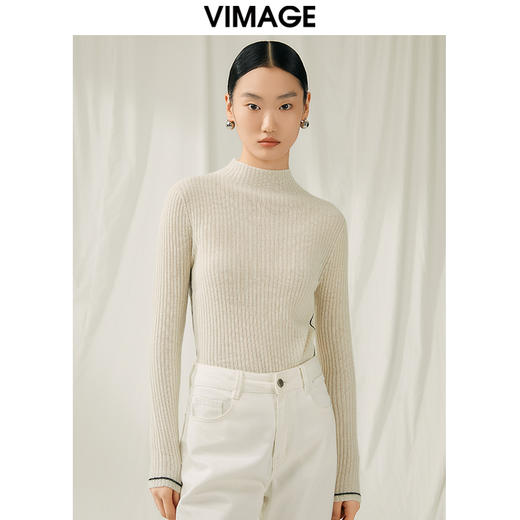 VIMAGE纬漫纪冬季新款100%山羊绒小立领套头纯色打底基础款修身针织衫V1801425 商品图4