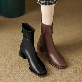 毛线口短靴女英伦方头时装靴，中跟复古瘦瘦靴粗跟LDKG-S5088