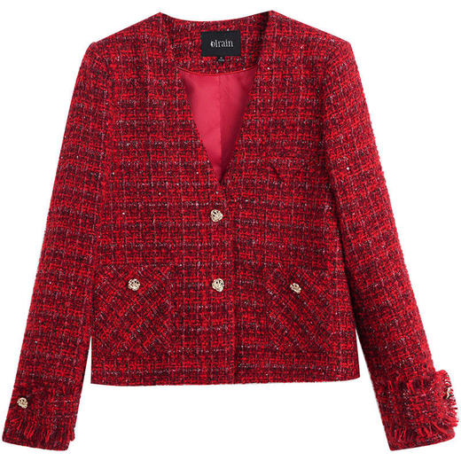 OLrain欧芮儿法式红色小香风短外套女秋季2022新款粗花呢v领上衣 商品图5