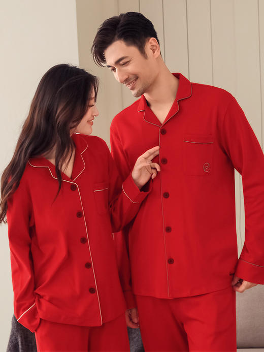 康妮雅春秋情侣睡衣居家长袖红色家居服套装 商品图3