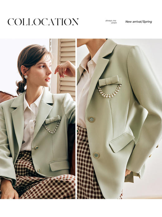OLrain欧芮儿法式薄荷绿西装短外套女秋季2022新款名媛小香风上衣 商品图1