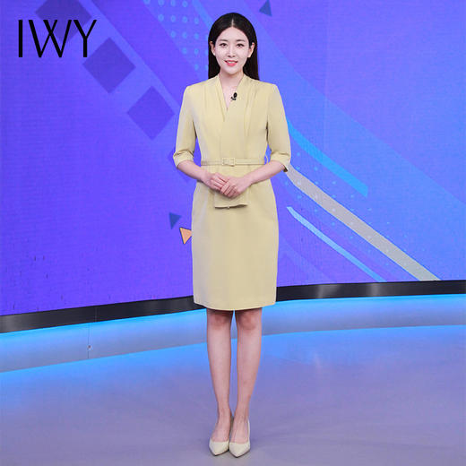 IWY/黄色播音艺考礼服女春夏季气质收腰修身主持人连衣裙正装职业装ol22XQ0021 商品图3