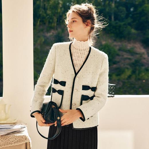 OLrain欧芮儿法式小香风短外套女秋季2025年新款蝴蝶结粗花呢上衣 商品图3