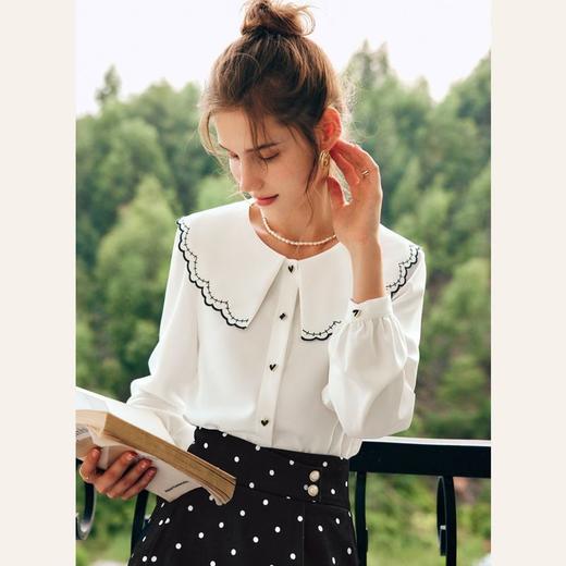 Olrain欧芮儿娃娃领白色上衣女2022年秋季新款短袖法式雪纺衫女 商品图2