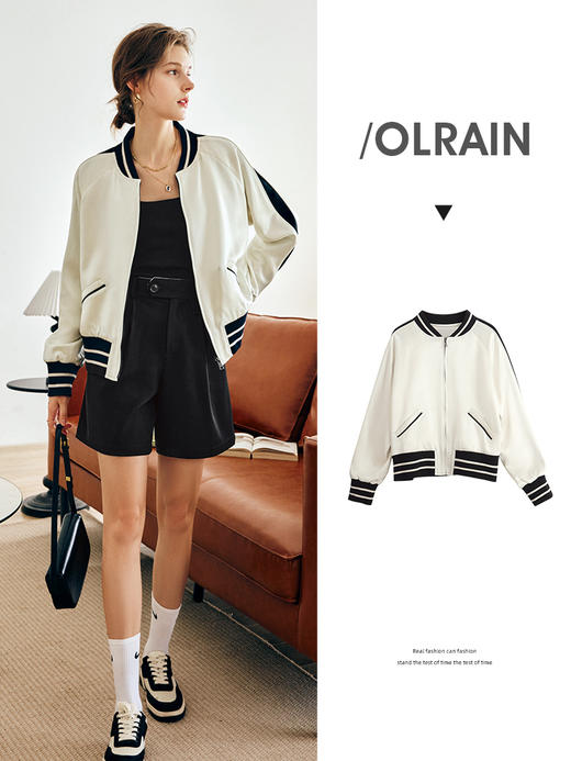 OLrain欧芮儿法式杏色短款外套女早秋2022新款美式宽松运动棒球服 商品图0