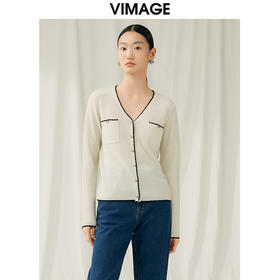VIMAGE纬漫纪秋季新款100%绵羊毛v领短款撞色时尚通勤气质百搭针织开衫V1801421