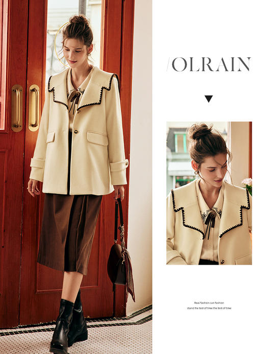 OLrain欧芮儿法式海军领毛呢外套女秋冬2023新款宽松减龄撞色大衣 商品图0