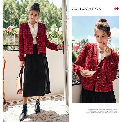 OLrain欧芮儿法式红色小香风短外套女秋季2022新款粗花呢v领上衣 商品图1