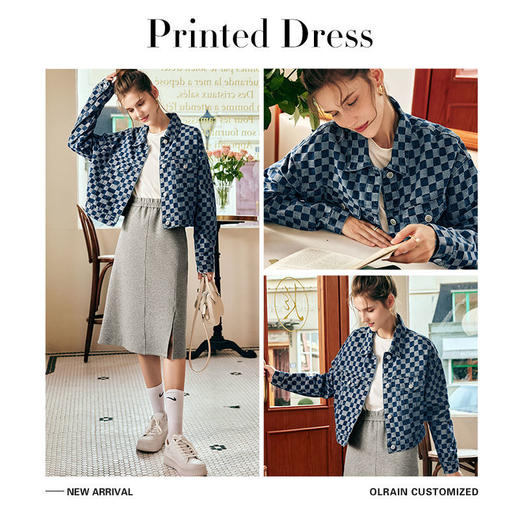 OLrain欧芮儿法式棋盘格牛仔外套女秋季2022年新款复古小个子上衣 商品图3