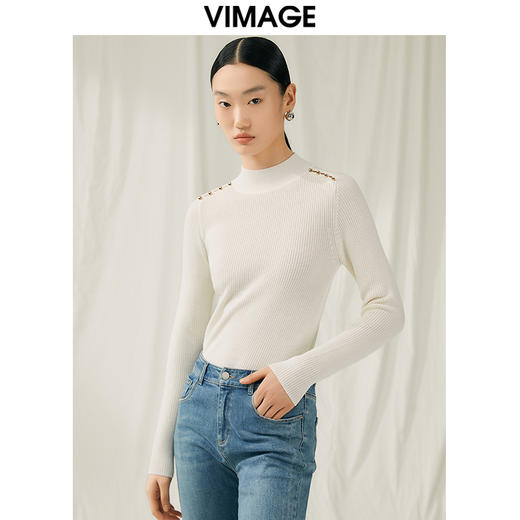 VIMAGE纬漫纪秋新款100%绵羊毛小立领套头纯色薄款打底基础款修身针织衫V1801422 商品图4