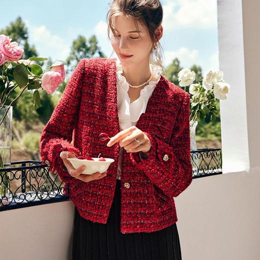 OLrain欧芮儿法式红色小香风短外套女秋季2022新款粗花呢v领上衣 商品图4