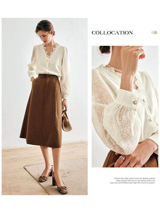 OLrain欧芮儿法式米白色雪纺蕾丝衫女秋季2022年新款v领甜美小衫 商品图0