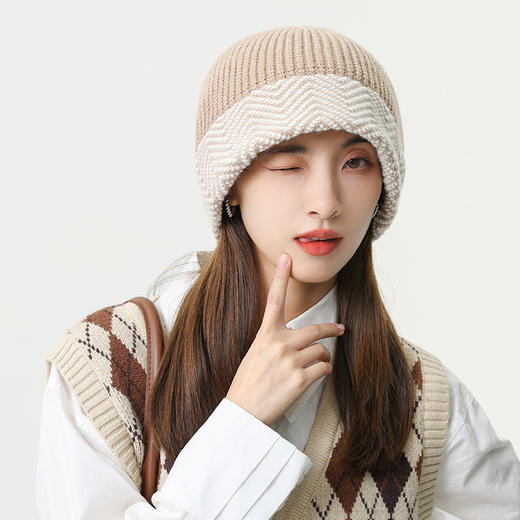 「10款配色！双拼色大帽檐」韩版秋冬款光版帽子 女拼色毛线针织帽配饰 商品图3