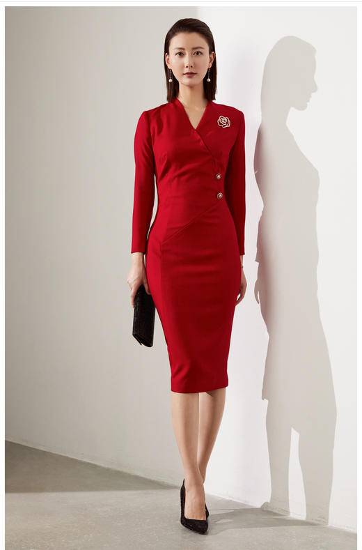 颈袖添香-连衣裙-J20384623A 颈袖添香季新款时尚修身气质红中长款包臀显瘦女士连衣裙 立体 显瘦 修身 商品图3