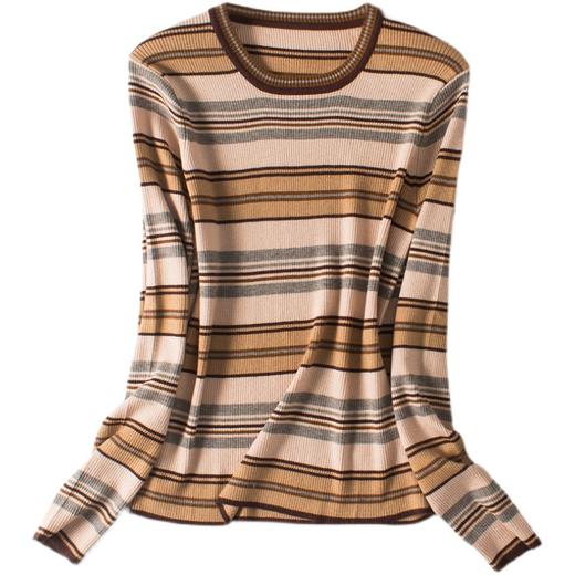 赛兔2022年新款螺纹低圆领长袖条纹紧身打底衫 商品图0