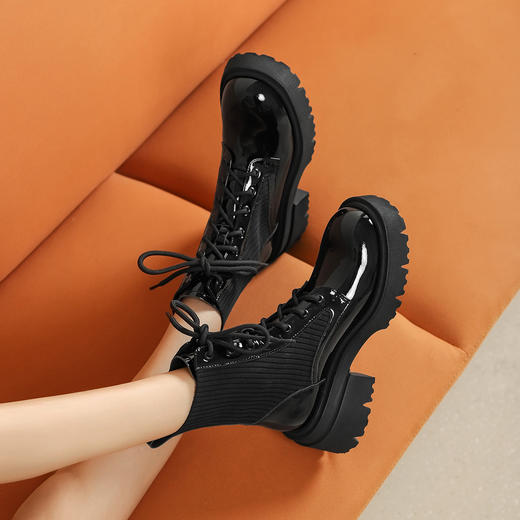 westory2022年秋冬新款真皮马丁靴女厚底增高系带机车靴骑士靴女82301 商品图1