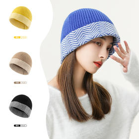 「10款配色！双拼色大帽檐」韩版秋冬款光版帽子 女拼色毛线针织帽配饰