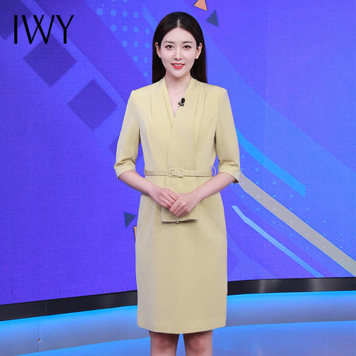 IWY/黄色播音艺考礼服女春夏季气质收腰修身主持人连衣裙正装职业装ol22XQ0021 商品图0