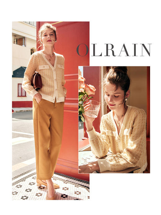 OLrain欧芮儿法式小香风橙色毛衣女秋季2022新款修身v领针织开衫 商品图0