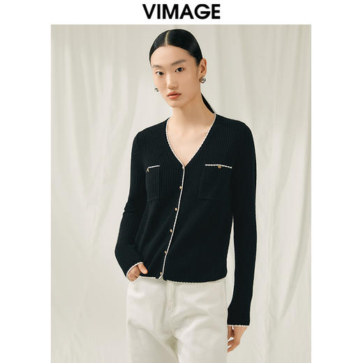 VIMAGE纬漫纪秋季新款100%绵羊毛v领短款撞色时尚通勤气质百搭针织开衫V1801421 商品图1