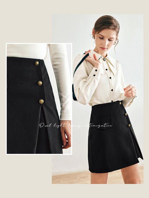 OLrain欧芮儿法式黑色毛呢半身裙女秋季2022新款高腰开叉a字短裙 商品图1