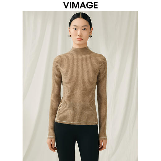 VIMAGE纬漫纪冬季新款100%山羊绒小立领套头纯色打底基础款修身针织衫V1801425 商品图1