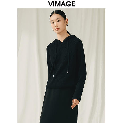 VIMAGE纬漫纪秋冬新款100%绵羊毛套头纯色连帽针织衫V1801424 商品图6