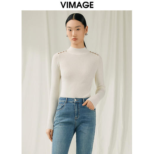 VIMAGE纬漫纪秋新款100%绵羊毛小立领套头纯色薄款打底基础款修身针织衫V1801422 商品图2