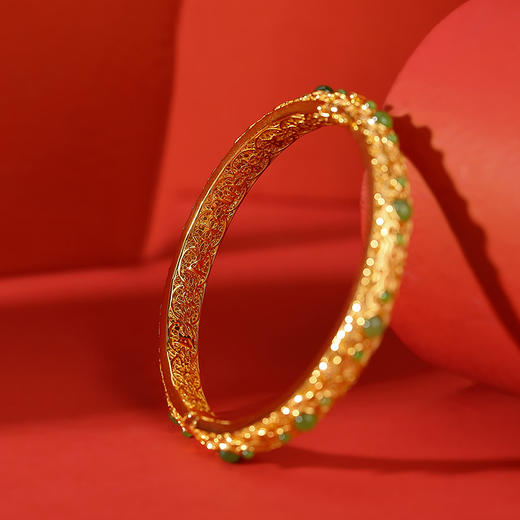 S925纯银镀金，和田碧玉复古吉祥如意圆珠手镯传承款必入手环CW-198 商品图2