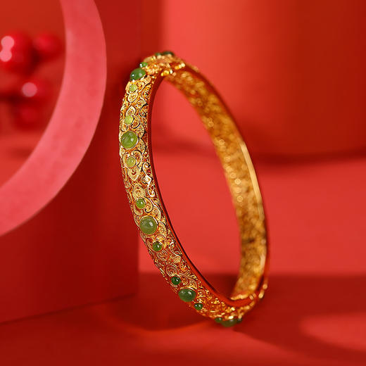 S925纯银镀金，和田碧玉复古吉祥如意圆珠手镯传承款必入手环CW-198 商品图6