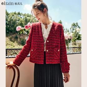 OLrain欧芮儿法式红色小香风短外套女秋季2022新款粗花呢v领上衣