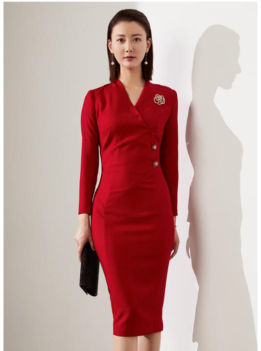 颈袖添香-连衣裙-J20384623A 颈袖添香季新款时尚修身气质红中长款包臀显瘦女士连衣裙 立体 显瘦 修身 商品图1