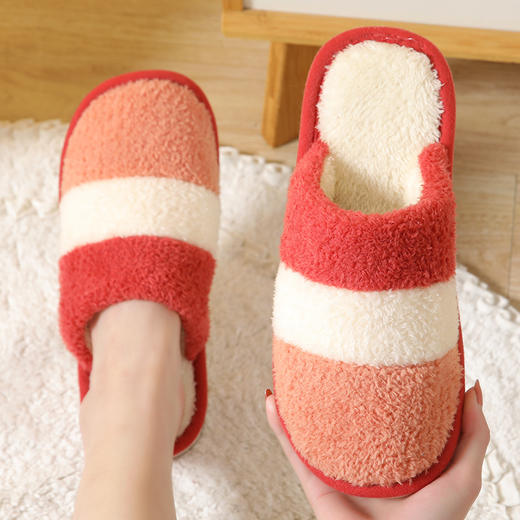 2023新款冬季情侣接拼条纹棉拖鞋毛绒居家舒适男女棉拖鞋保暖拖鞋sh 商品图3