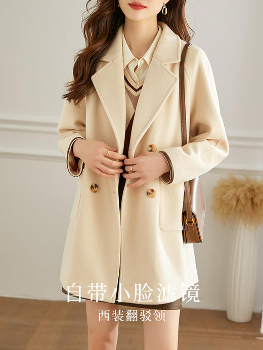 【年终特卖】熙世界毛呢大衣女中长款冬季新款通勤百搭翻驳西装领呢子外套 商品图2