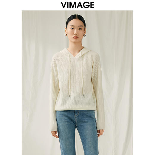 VIMAGE纬漫纪秋冬新款100%绵羊毛套头纯色连帽针织衫V1801424 商品图4