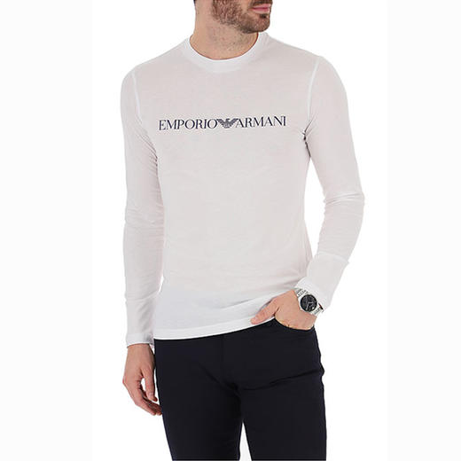 EMPORIO ARMANI 阿玛尼 男士棉质字母徽标印花圆领长袖T恤 白色 8N1TN8 1JPZZ 0146 商品图1