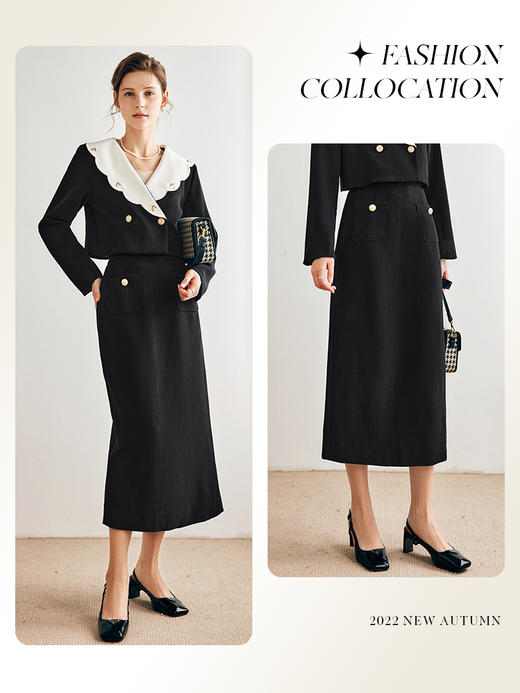 OLrain欧芮儿法式黑色短外套女秋季2022年新款复古气质撞色领上衣 商品图0