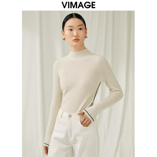 VIMAGE纬漫纪冬季新款100%山羊绒小立领套头纯色打底基础款修身针织衫V1801425 商品图5