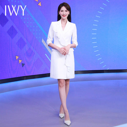 IWY/七分袖白色主持人礼服女气质显瘦西装连衣裙职业装艺考播音正装女22CQ0009 商品图3