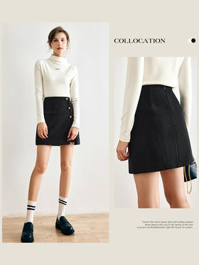 OLrain欧芮儿法式黑色毛呢半身裙女秋季2022新款高腰开叉a字短裙