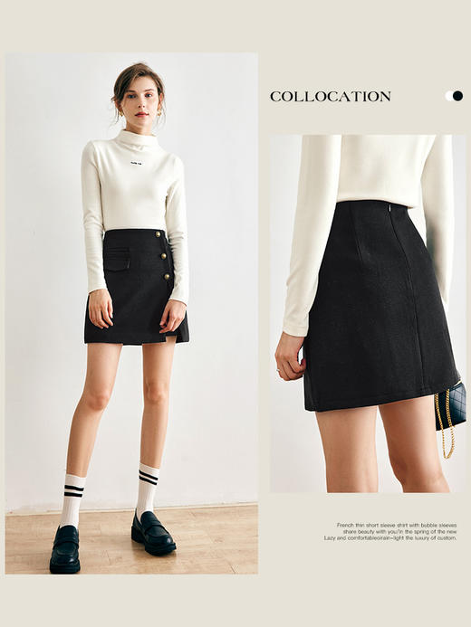 OLrain欧芮儿法式黑色毛呢半身裙女秋季2022新款高腰开叉a字短裙 商品图0