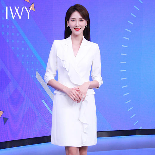 IWY/七分袖白色主持人礼服女气质显瘦西装连衣裙职业装艺考播音正装女22CQ0009 商品图0