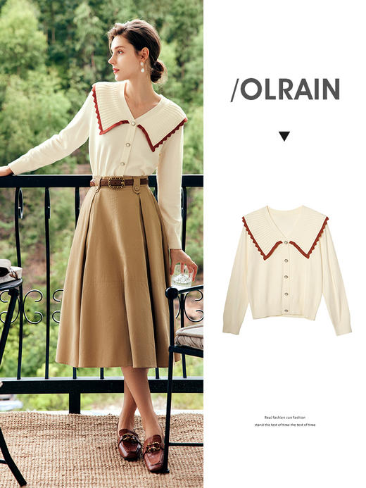 OLrain欧芮儿法式大翻领针织衫女秋季2022新款撞色温柔系穿搭上衣 商品图0