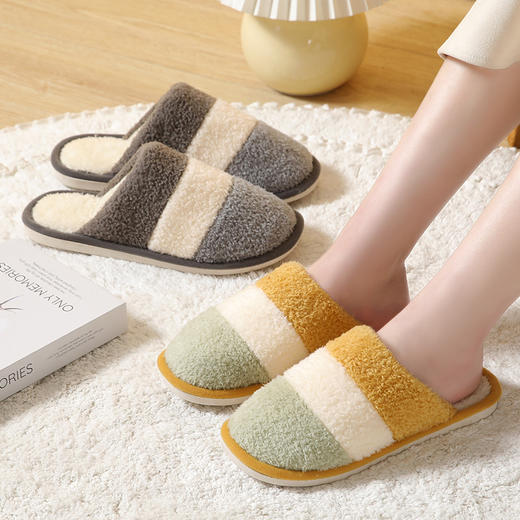 2023新款冬季情侣接拼条纹棉拖鞋毛绒居家舒适男女棉拖鞋保暖拖鞋sh 商品图2