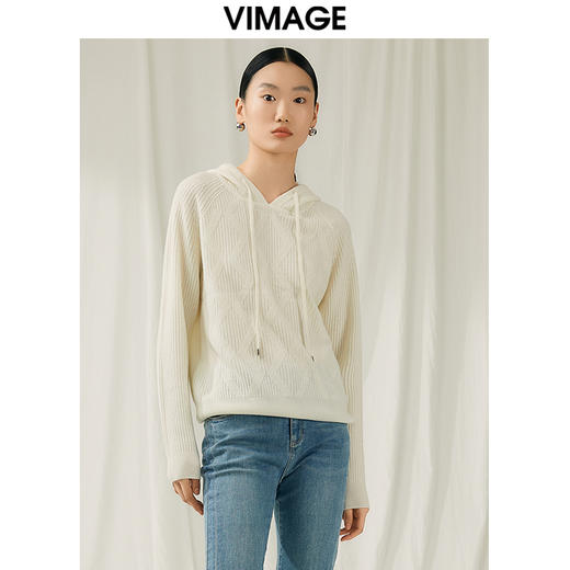 VIMAGE纬漫纪秋冬新款100%绵羊毛套头纯色连帽针织衫V1801424 商品图2