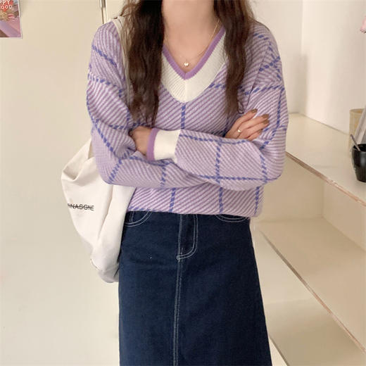 网红紫色V领软糯毛衣女2021秋新款宽松慵懒风别致针织上衣外套 商品图2
