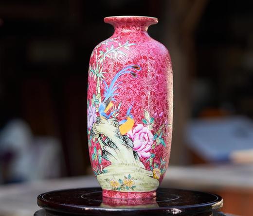 胭脂红扒花鸟语花香灯笼瓶 商品图0