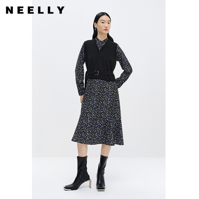 NEELLY纳俪商场同款立领碎花连衣裙女中长款A字裙V领马甲两件套N22111Y01113